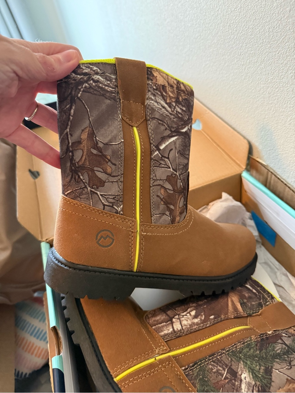 Kids Realtree Camo Pull-On Work Boots with Yellow Trim Magellan